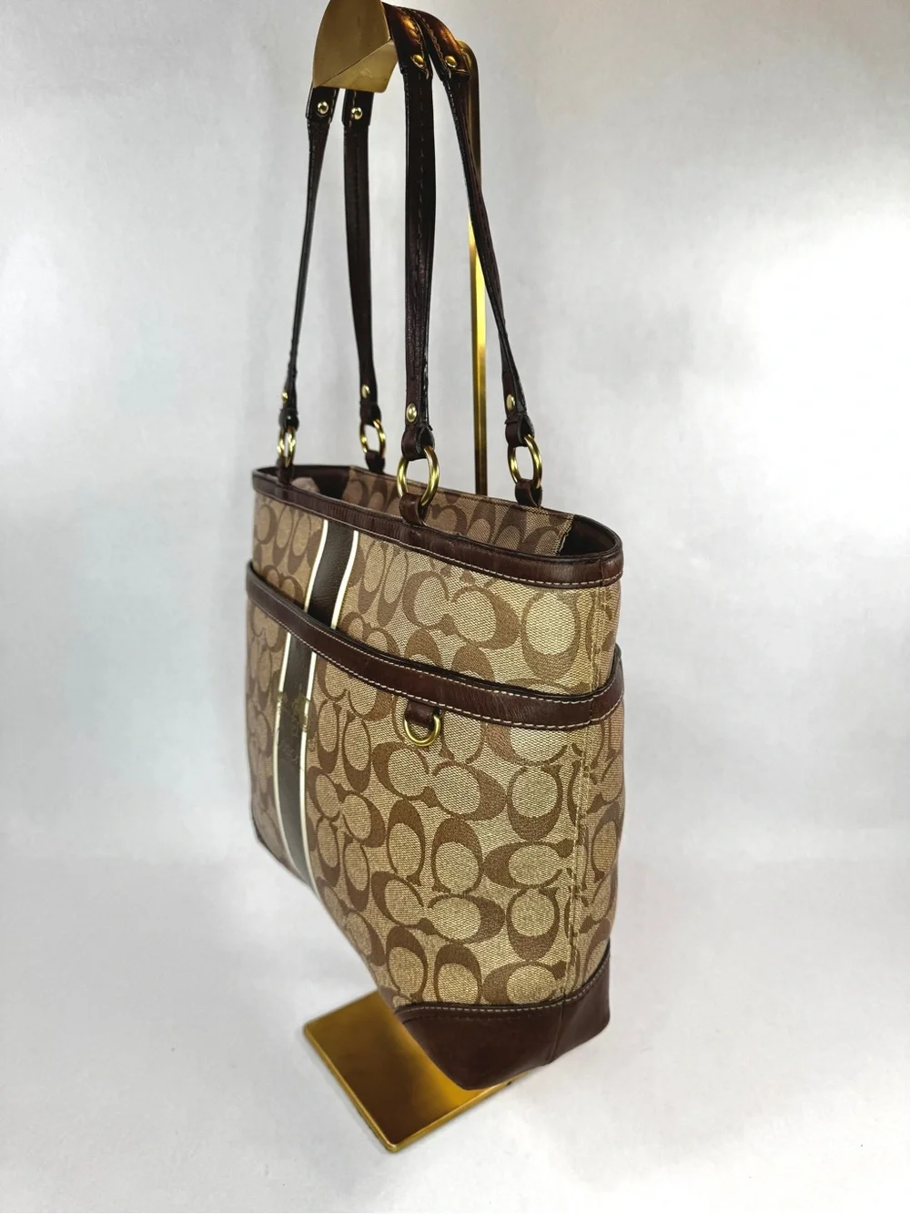 Coach Signature Stripe Tote Bag Brown Jacquard Canvas & Leather Shoulder Bag